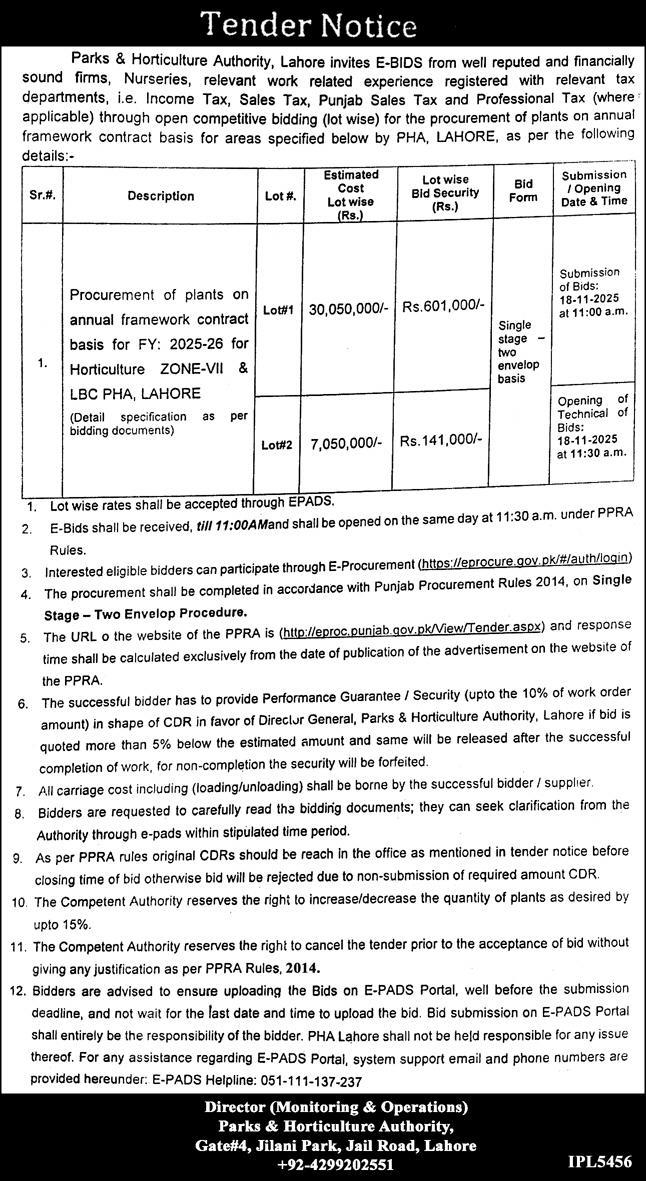 Parks & Horticulture Authority Lahore Tender Notice